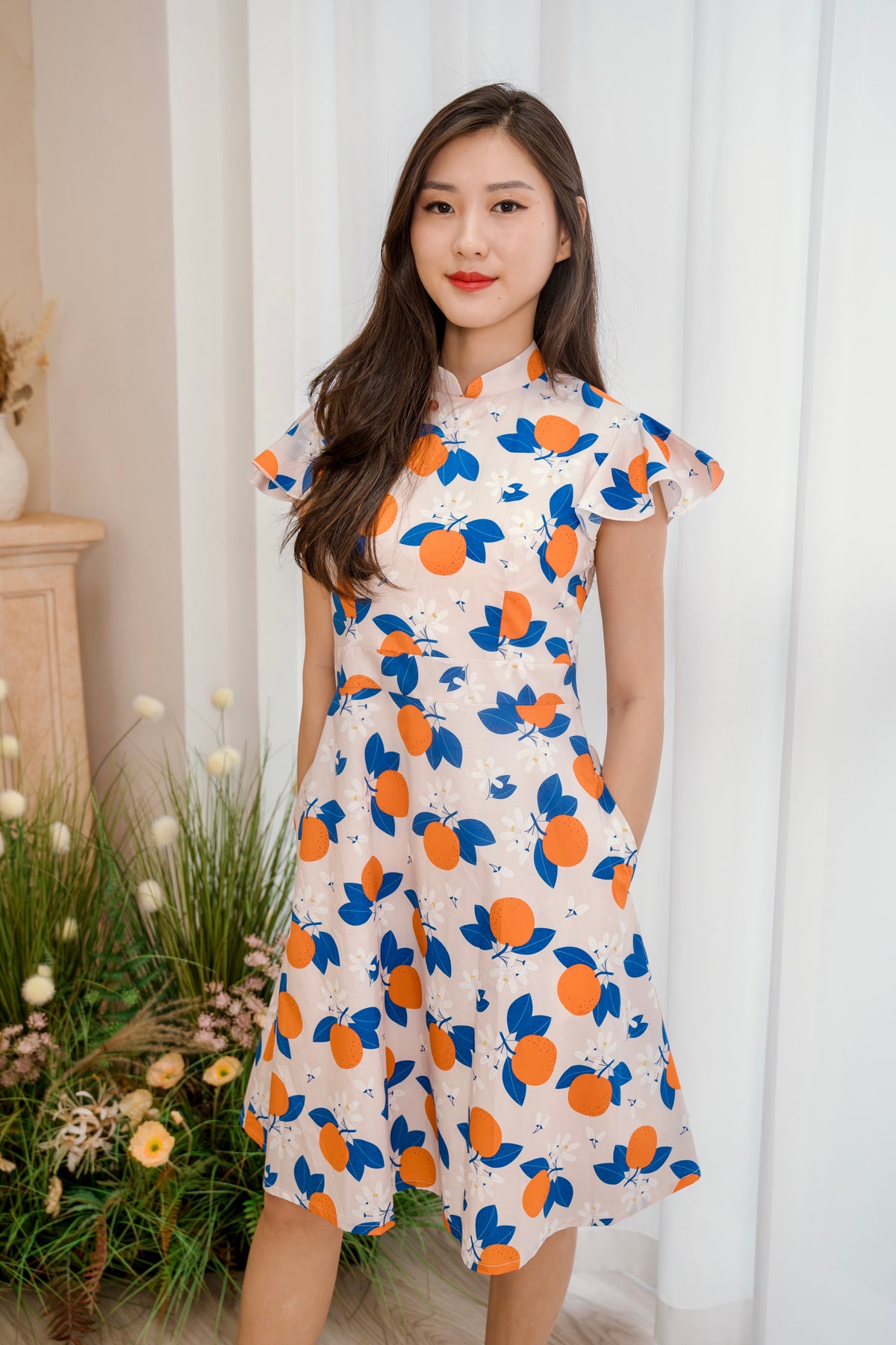 Tangerine Blossom Ladies Flutter Sleeves Cheongsam