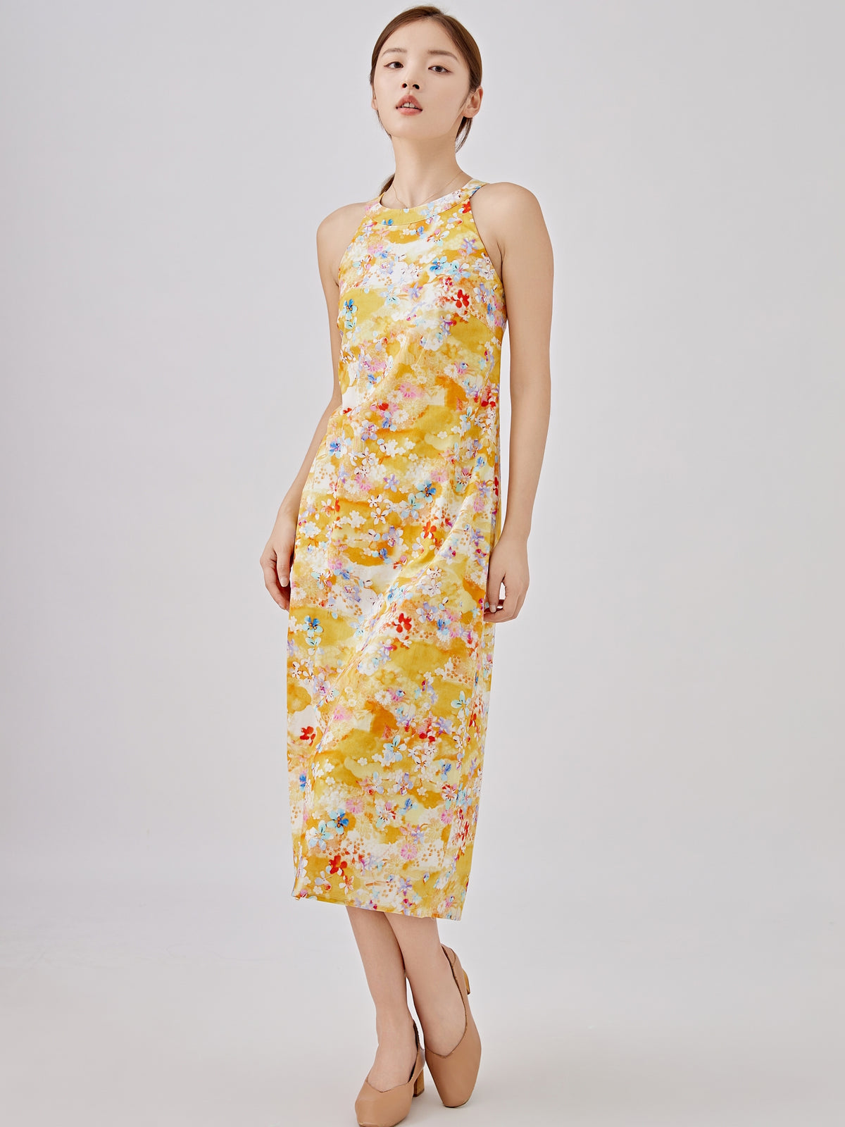 Spring Flower Ladies Halter Midi Dress