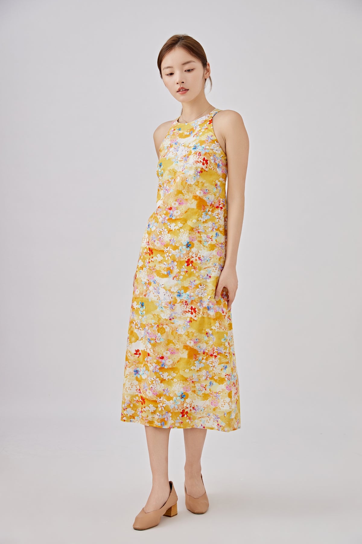 Spring Flower Ladies Halter Midi Dress