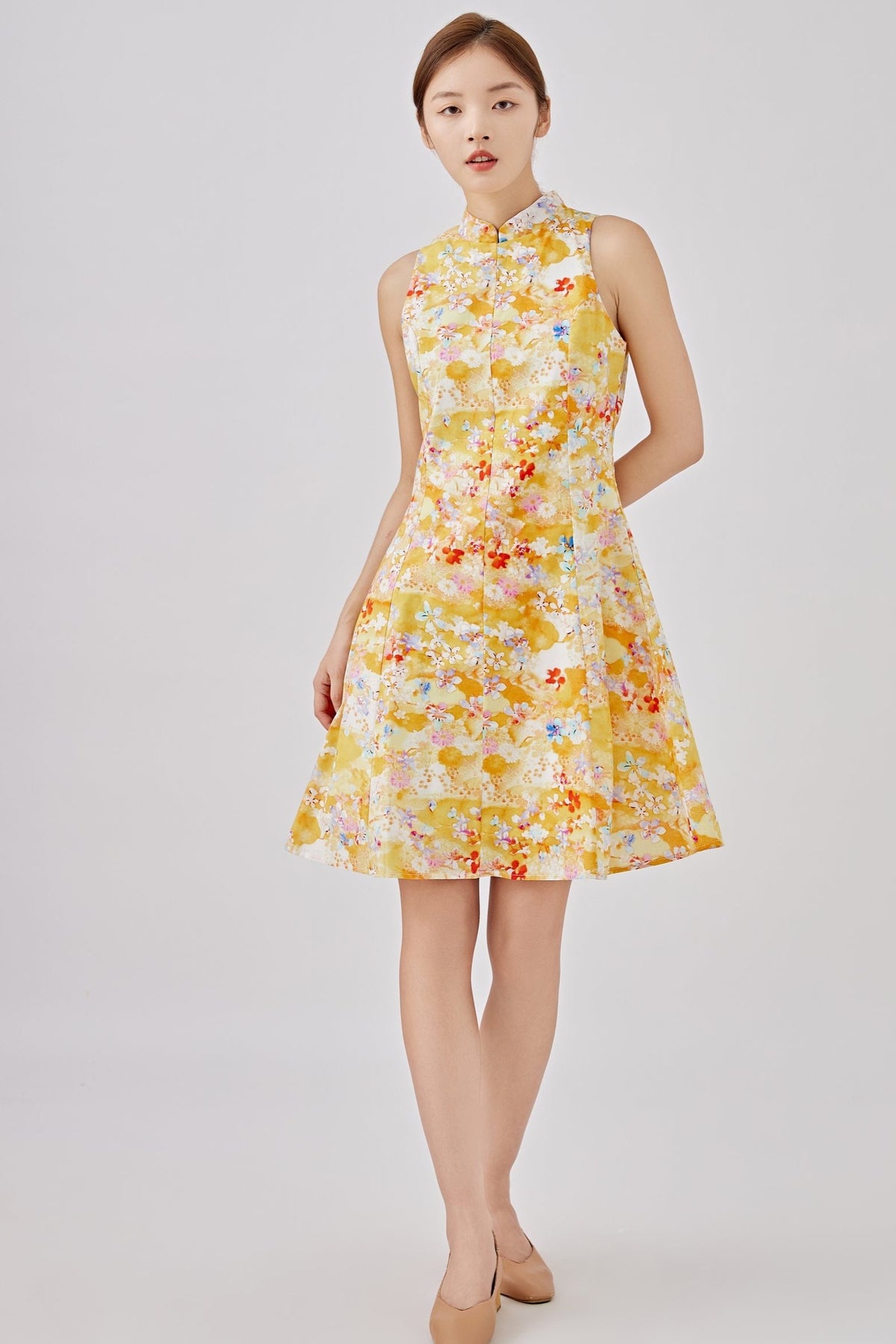 Spring Flower Ladies Mini Flared Cheongsam