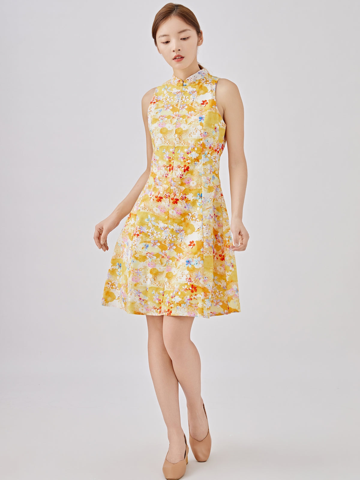 Spring Flower Ladies Mini Flared Cheongsam