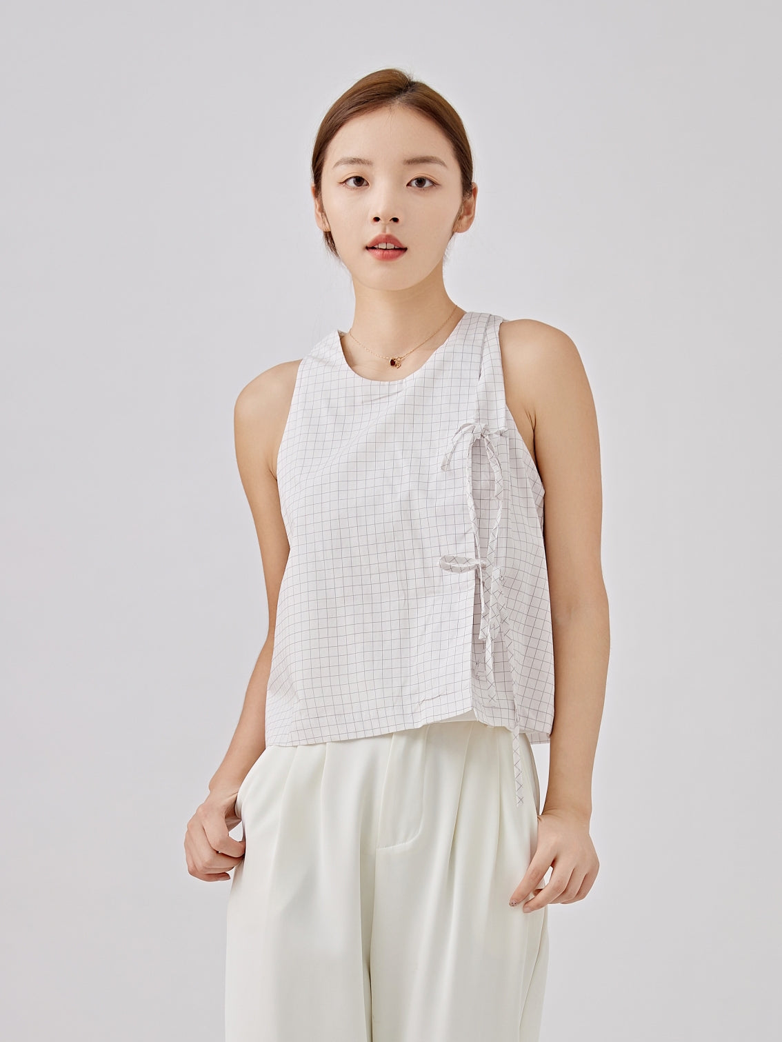 Minimalist Plaid Ladies Side Tie Top