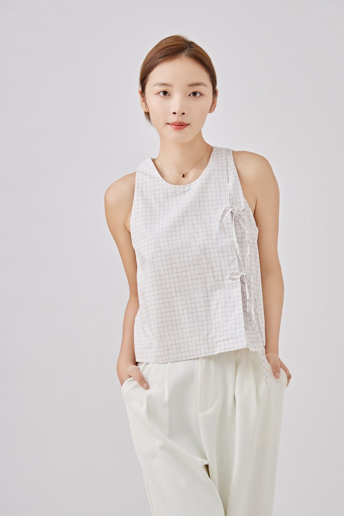 Minimalist Plaid Ladies Side Tie Top