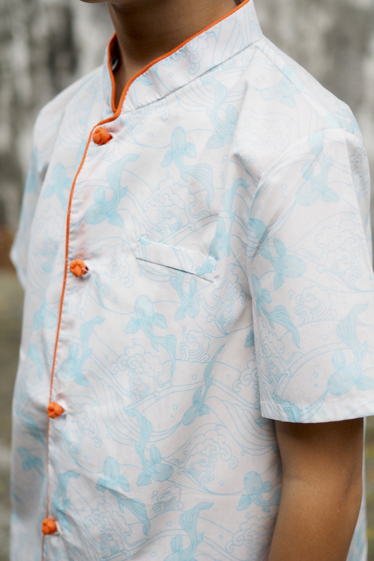 Sky Blue Koi Boys Mandarin Collar Shirt