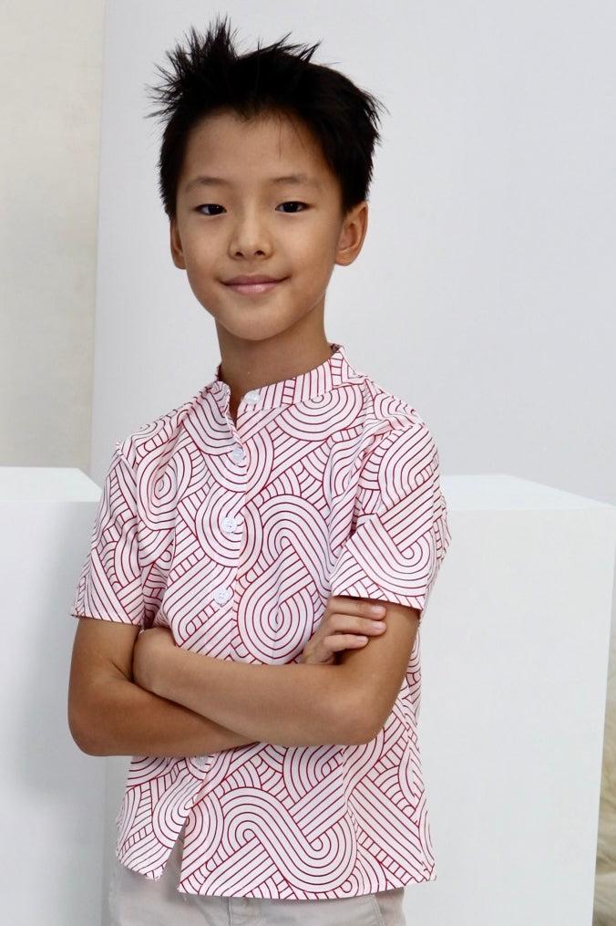 Red Wave Boys Mandarin Collar Shirt