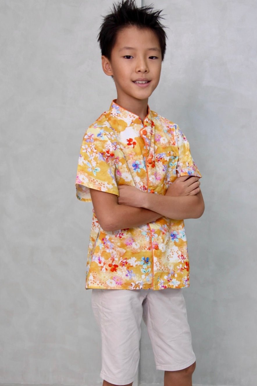 Spring Flower Boys Mandarin Collar Shirt