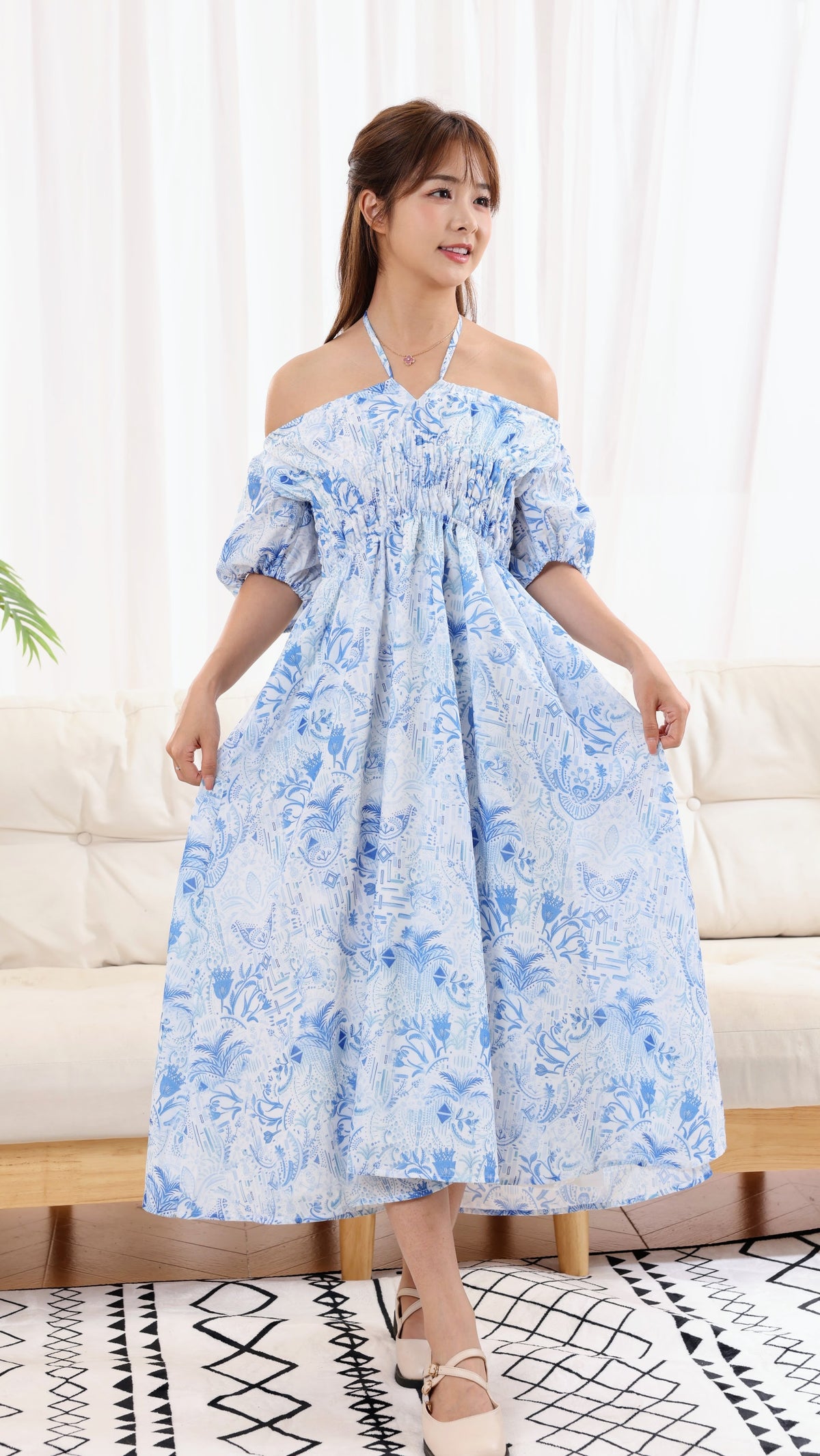 Porcelain Ladies Off Shoulder Ruffled Dress