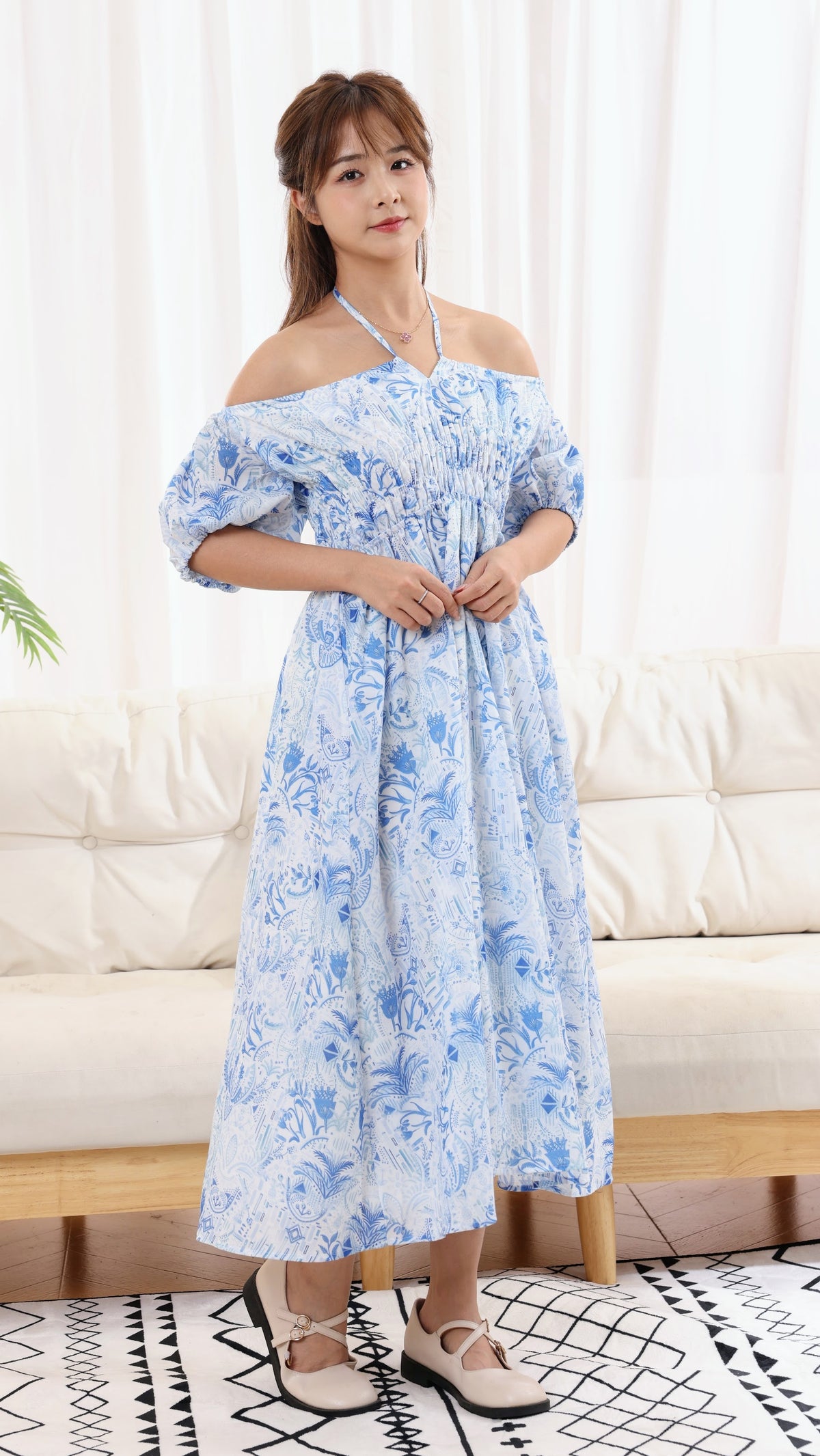 Porcelain Ladies Off Shoulder Ruffled Dress
