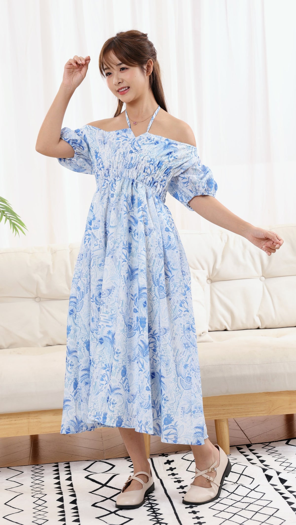 Porcelain Ladies Off Shoulder Ruffled Dress