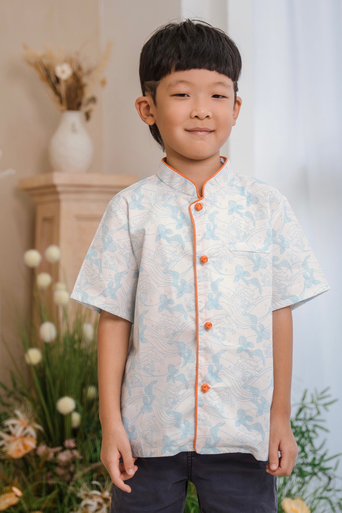Sky Blue Koi Boys Mandarin Collar Shirt