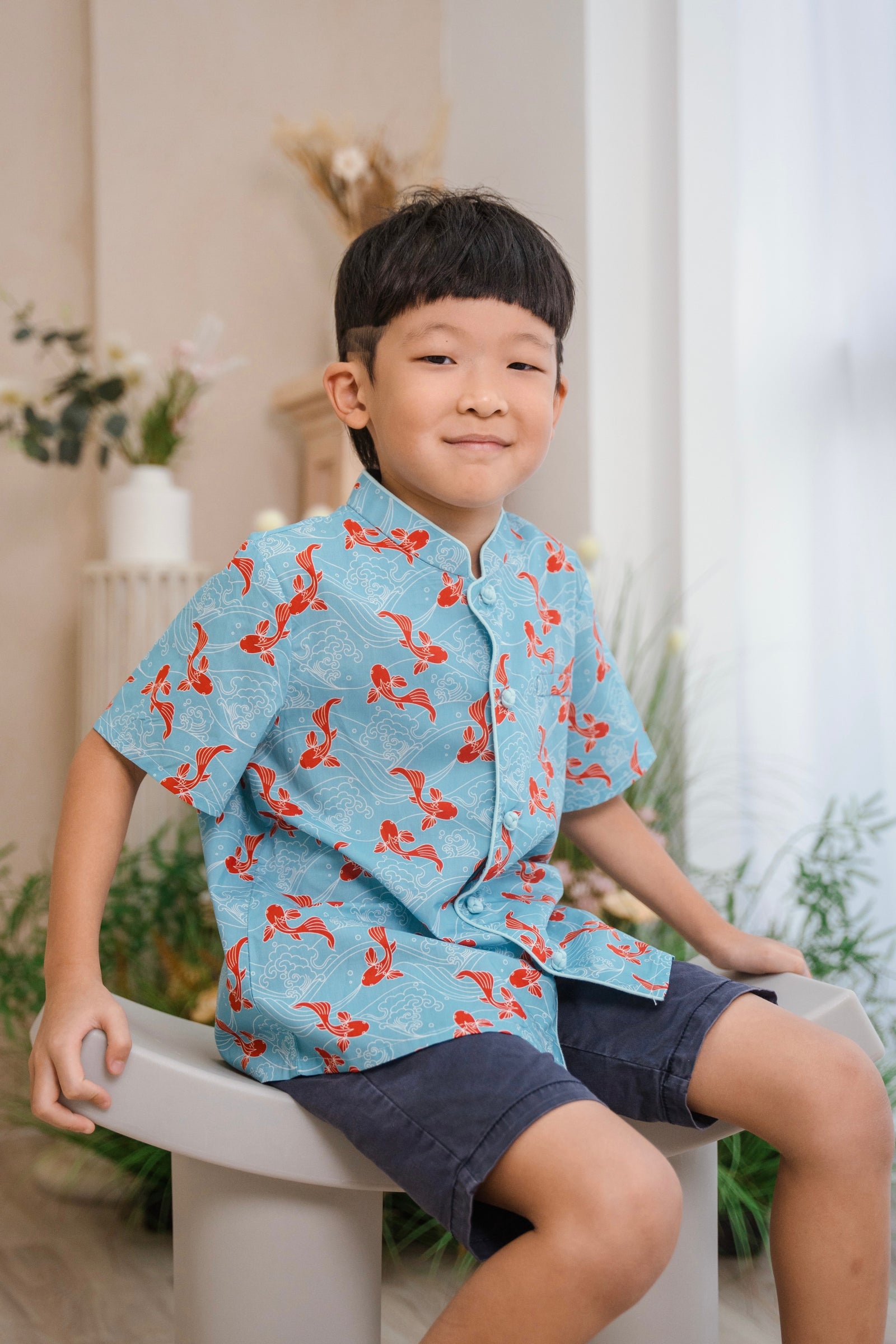Boys Clothes Set Tiger Embroidery Graphic Mandarin Collar Shirt