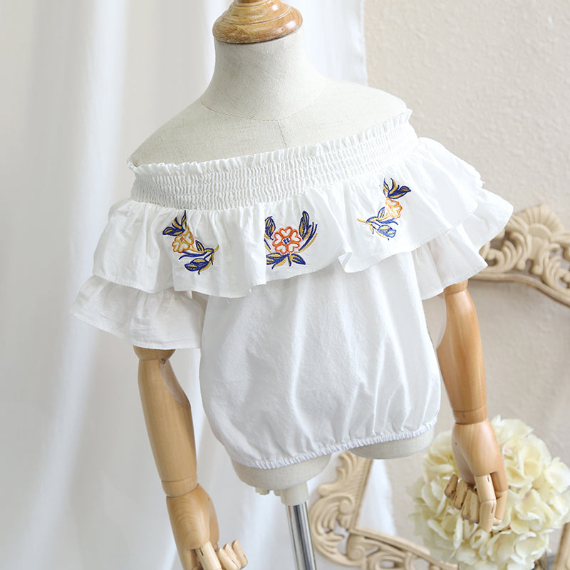 2-10Y Girls Off-Shoulder Embroidery Flutter Blouse A20213D (Mother sizes available)