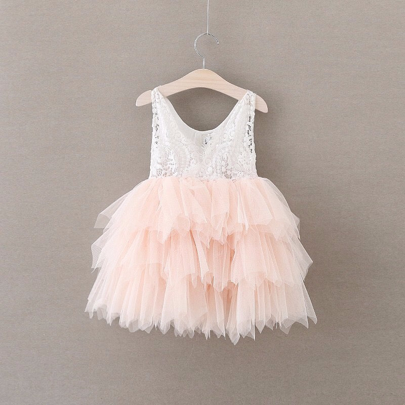 1-8Y White Lace and Pink Layers Tulle Dress G2101E