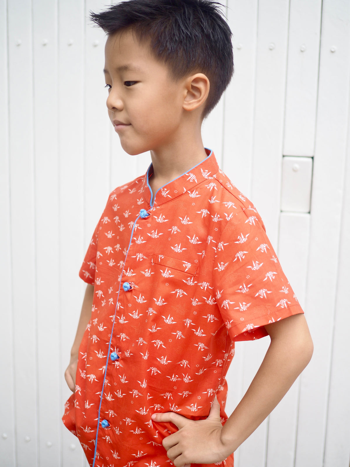 Origami Crane Orizuru Boys Mandarin Collar Shirt